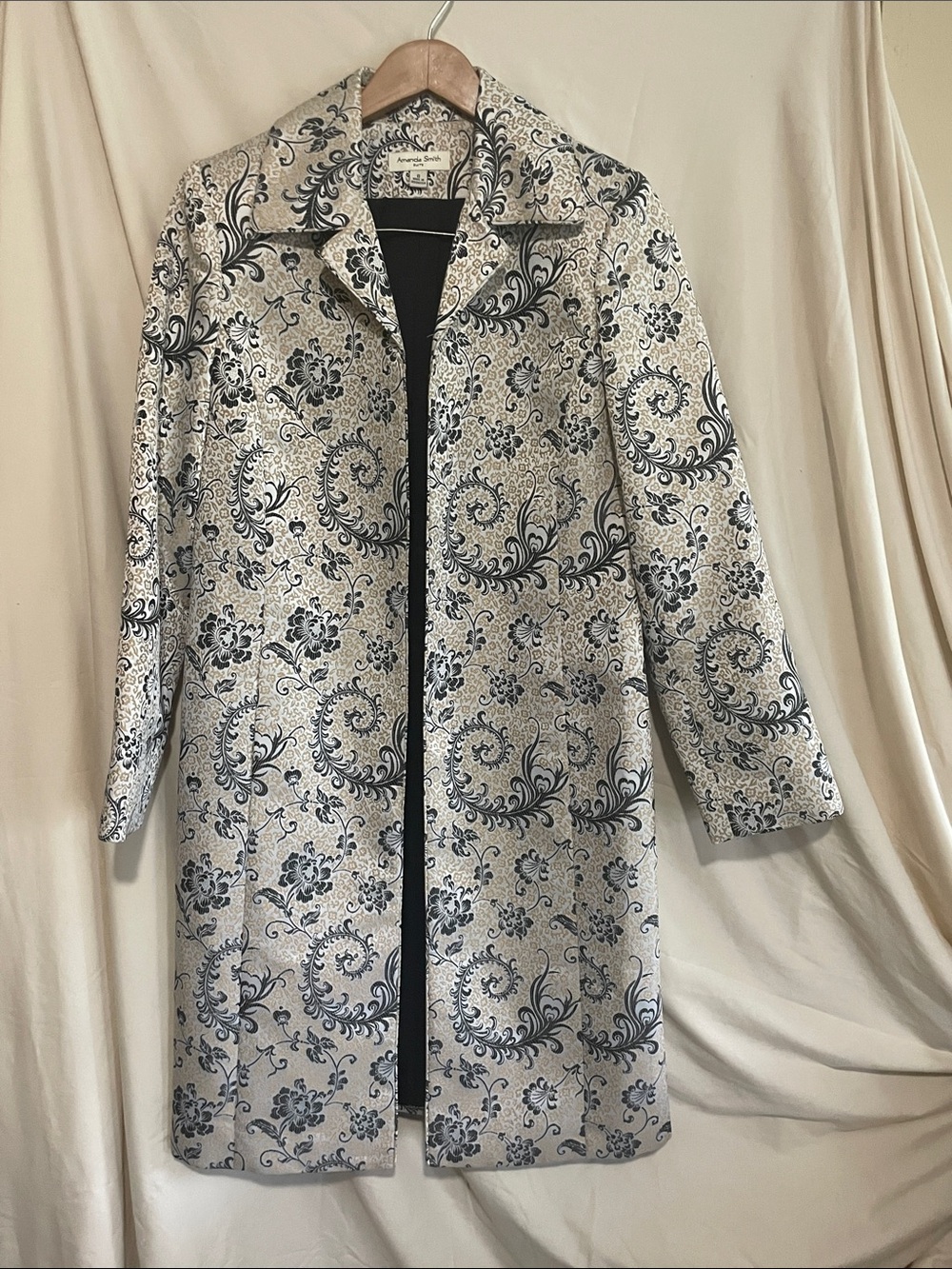 Elegant Floral Jacquard Long Coat - Cream & Navy - by Amanda Smith